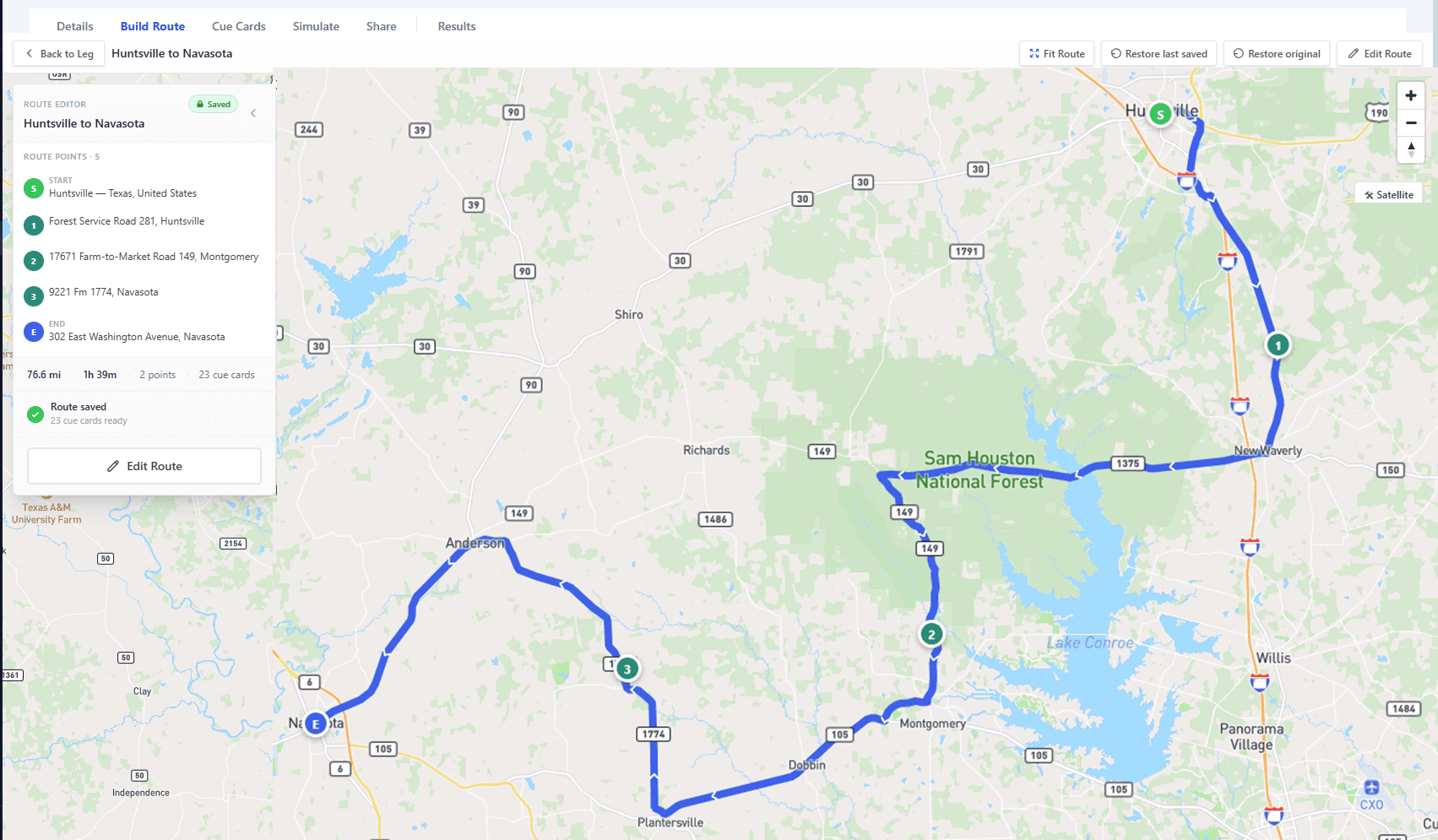 The TourCue route builder with an organizer-approved route through Sam Houston National Forest